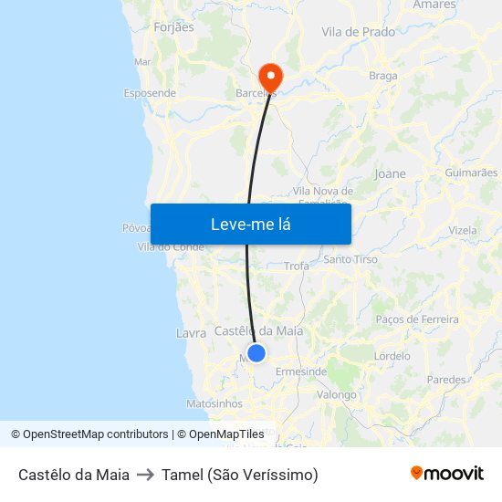 Castêlo da Maia to Tamel (São Veríssimo) map