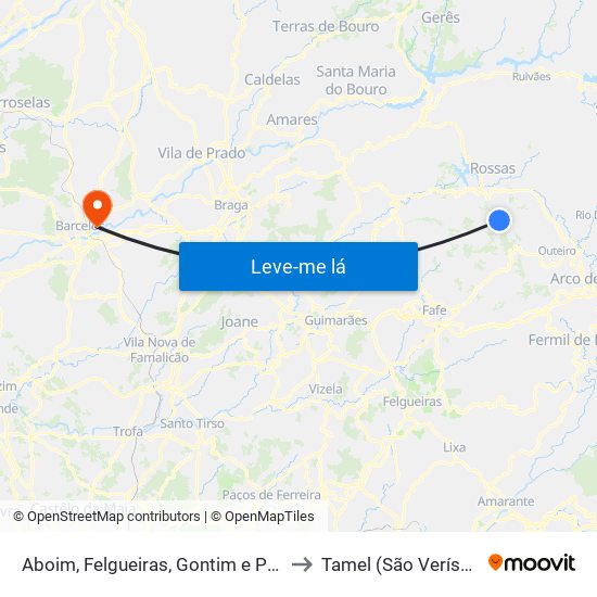 Aboim, Felgueiras, Gontim e Pedraído to Tamel (São Veríssimo) map