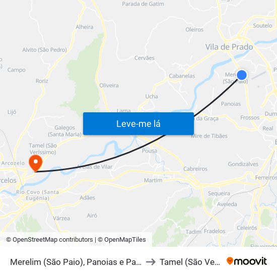 Merelim (São Paio), Panoias e Parada de Tibães to Tamel (São Veríssimo) map