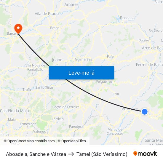 Aboadela, Sanche e Várzea to Tamel (São Veríssimo) map