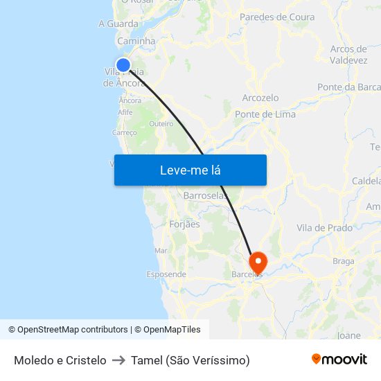 Moledo e Cristelo to Tamel (São Veríssimo) map