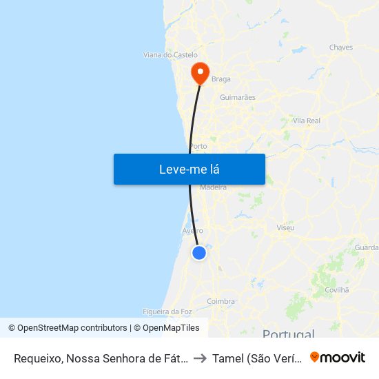 Requeixo, Nossa Senhora de Fátima e Nariz to Tamel (São Veríssimo) map