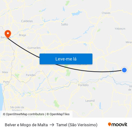 Belver e Mogo de Malta to Tamel (São Veríssimo) map