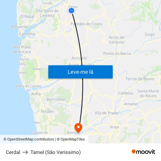 Cerdal to Tamel (São Veríssimo) map