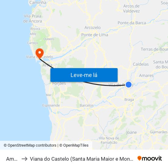 Amares to Viana do Castelo (Santa Maria Maior e Monserrate) e Meadela map