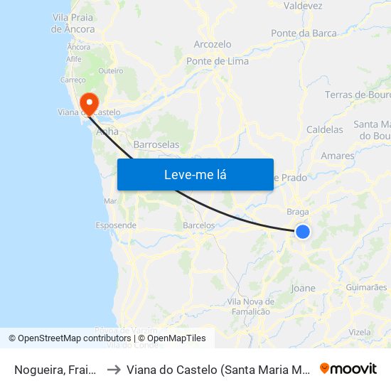 Nogueira, Fraião e Lamaçães to Viana do Castelo (Santa Maria Maior e Monserrate) e Meadela map