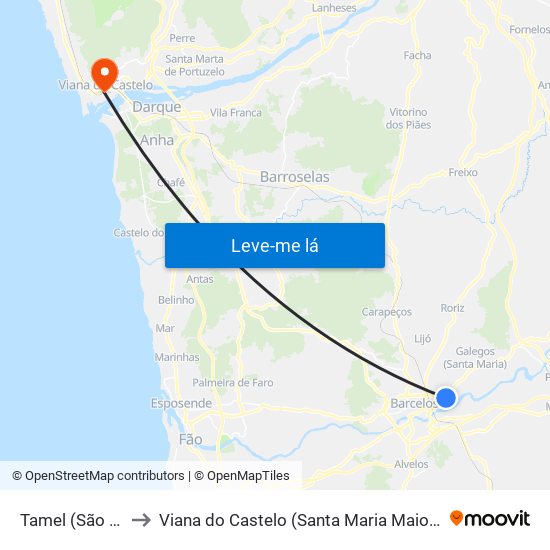 Tamel (São Veríssimo) to Viana do Castelo (Santa Maria Maior e Monserrate) e Meadela map