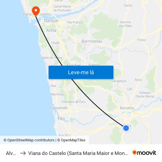 Alvelos to Viana do Castelo (Santa Maria Maior e Monserrate) e Meadela map