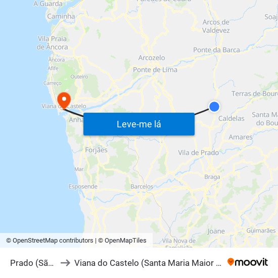 Prado (São Miguel) to Viana do Castelo (Santa Maria Maior e Monserrate) e Meadela map