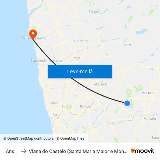 Ansiāes to Viana do Castelo (Santa Maria Maior e Monserrate) e Meadela map