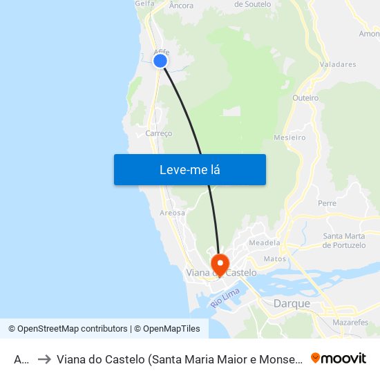 Afife to Viana do Castelo (Santa Maria Maior e Monserrate) e Meadela map