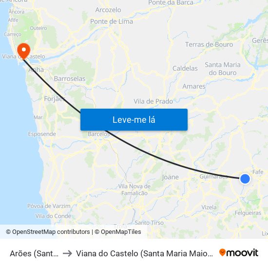 Arões (Santa Cristina) to Viana do Castelo (Santa Maria Maior e Monserrate) e Meadela map