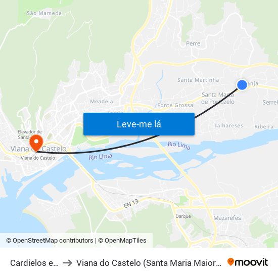Cardielos e Serreleis to Viana do Castelo (Santa Maria Maior e Monserrate) e Meadela map