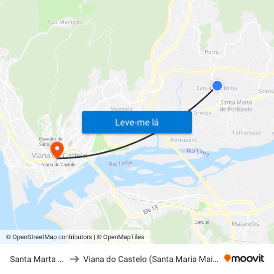 Santa Marta de Portuzelo to Viana do Castelo (Santa Maria Maior e Monserrate) e Meadela map