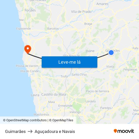 Guimarães to Aguçadoura e Navais map