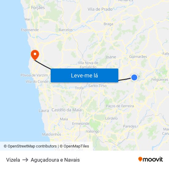 Vizela to Aguçadoura e Navais map