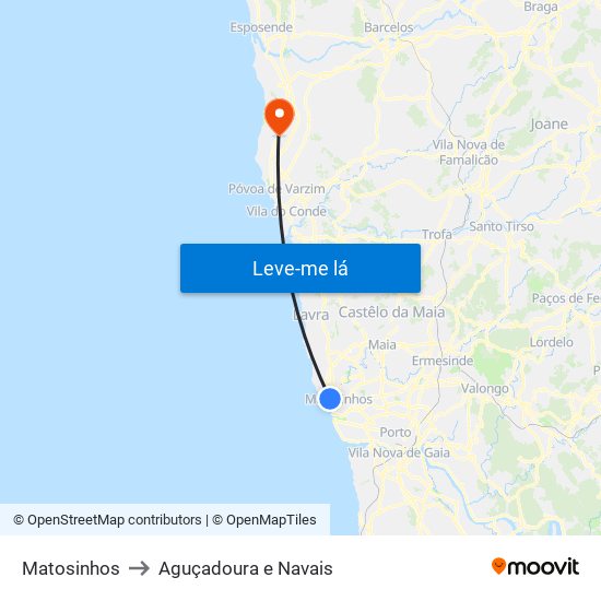 Matosinhos to Aguçadoura e Navais map