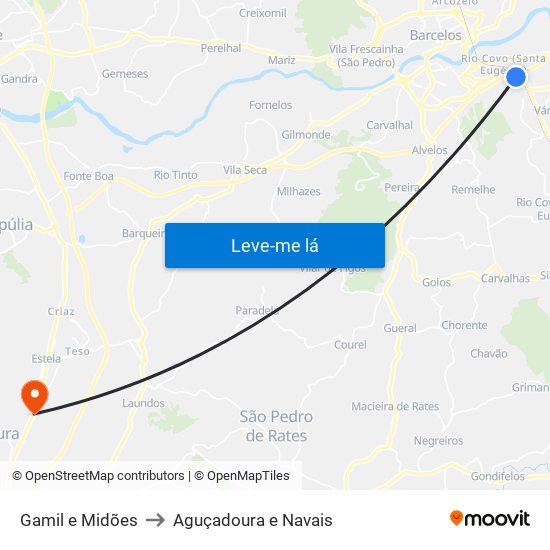 Gamil e Midões to Aguçadoura e Navais map