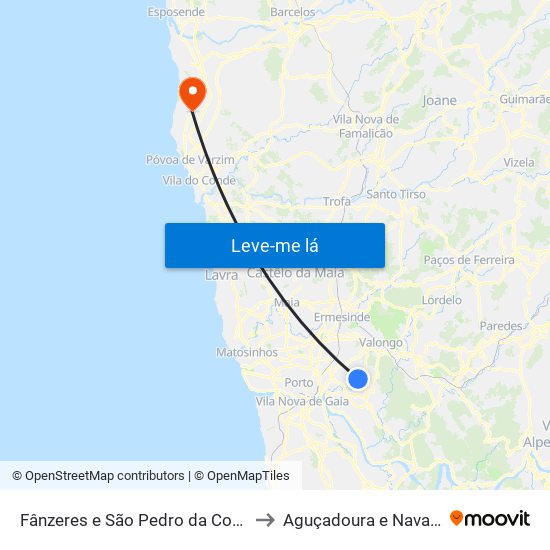 Fânzeres e São Pedro da Cova to Aguçadoura e Navais map