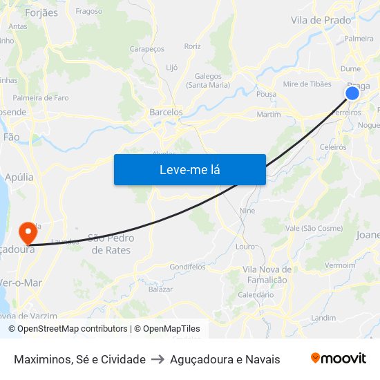 Maximinos, Sé e Cividade to Aguçadoura e Navais map