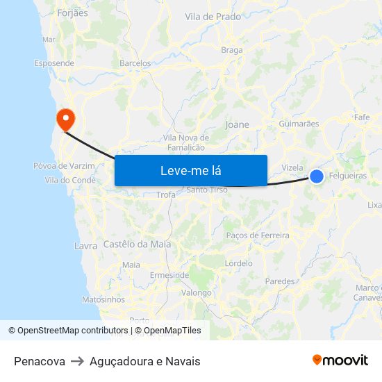 Penacova to Aguçadoura e Navais map