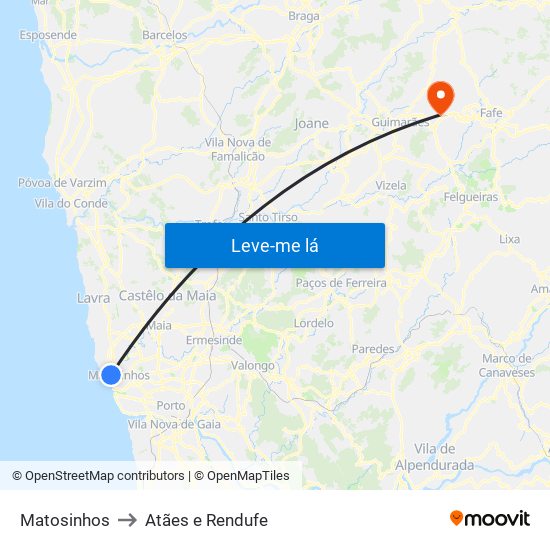 Matosinhos to Atães e Rendufe map