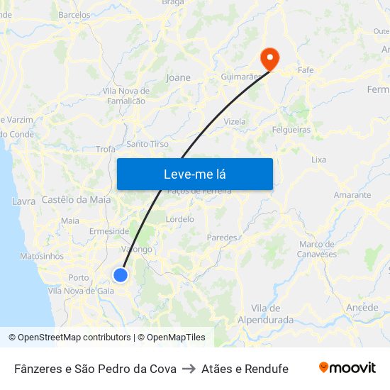Fânzeres e São Pedro da Cova to Atães e Rendufe map