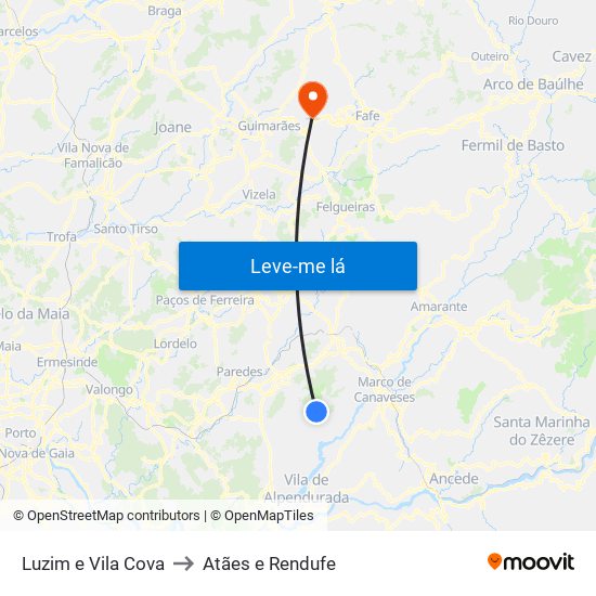 Luzim e Vila Cova to Atães e Rendufe map