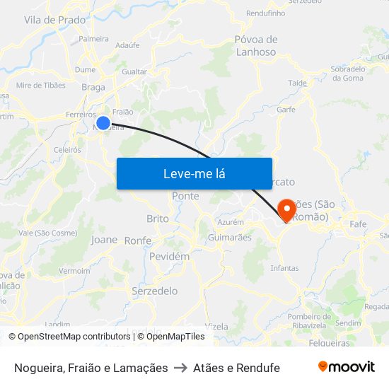 Nogueira, Fraião e Lamaçães to Atães e Rendufe map