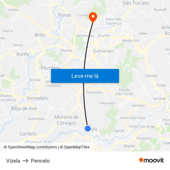 Vizela to Pencelo map