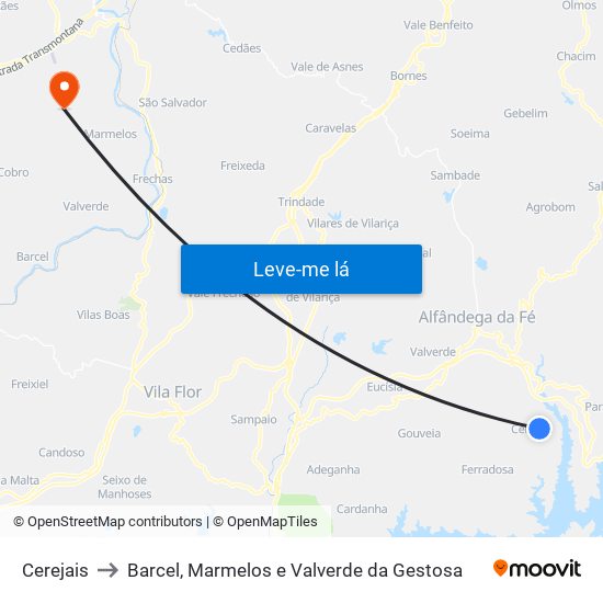 Cerejais to Barcel, Marmelos e Valverde da Gestosa map