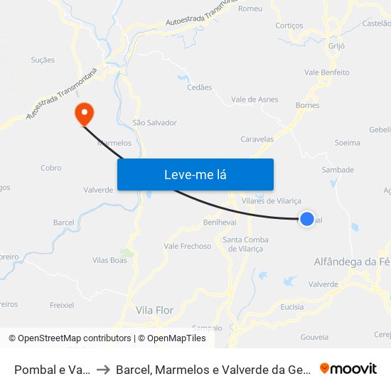 Pombal e Vales to Barcel, Marmelos e Valverde da Gestosa map