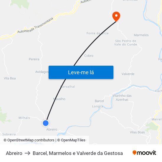 Abreiro to Barcel, Marmelos e Valverde da Gestosa map