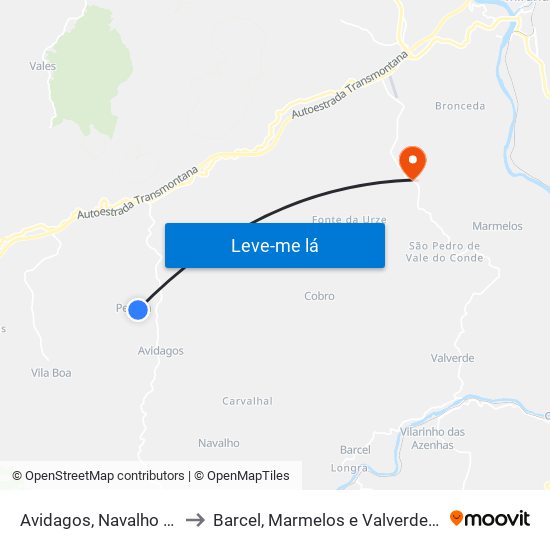 Avidagos, Navalho e Pereira to Barcel, Marmelos e Valverde da Gestosa map