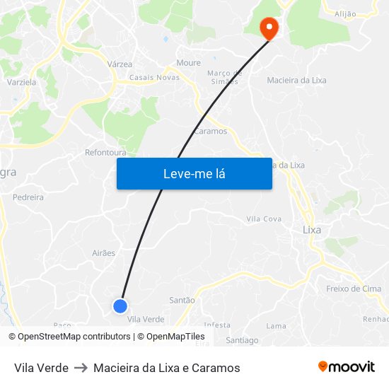 Vila Verde to Macieira da Lixa e Caramos map