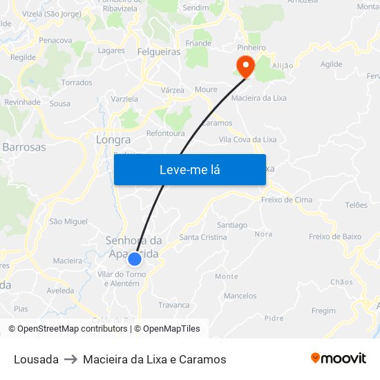 Lousada to Macieira da Lixa e Caramos map