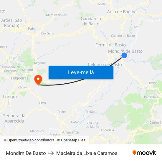 Mondim De Basto to Macieira da Lixa e Caramos map