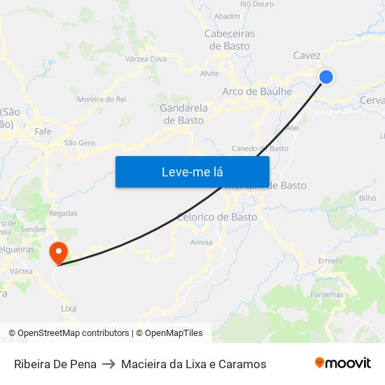 Ribeira De Pena to Macieira da Lixa e Caramos map