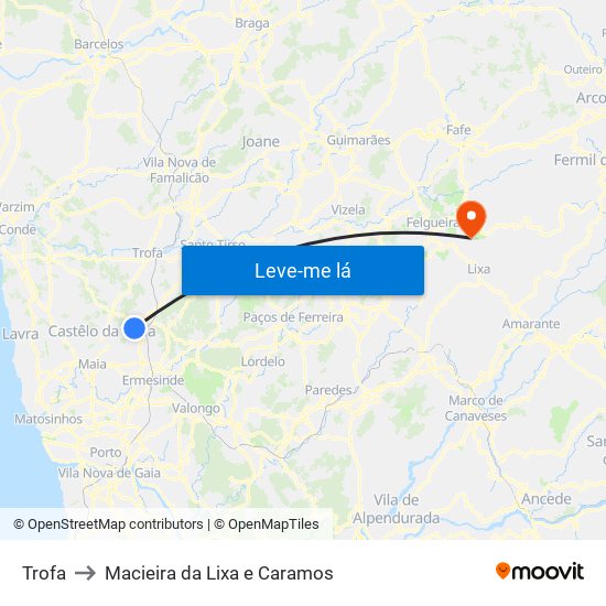 Trofa to Macieira da Lixa e Caramos map