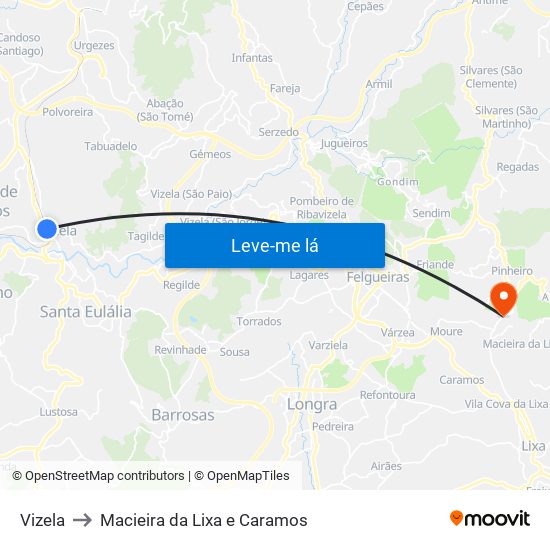 Vizela to Macieira da Lixa e Caramos map