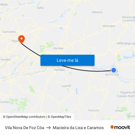 Vila Nova De Foz Côa to Macieira da Lixa e Caramos map