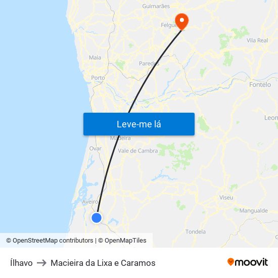 Ílhavo to Macieira da Lixa e Caramos map