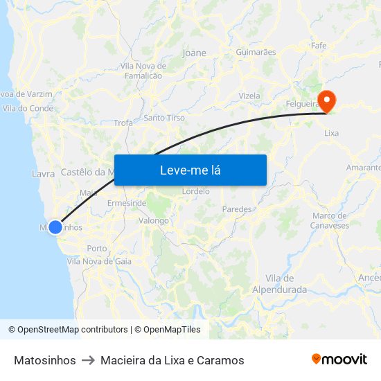 Matosinhos to Macieira da Lixa e Caramos map