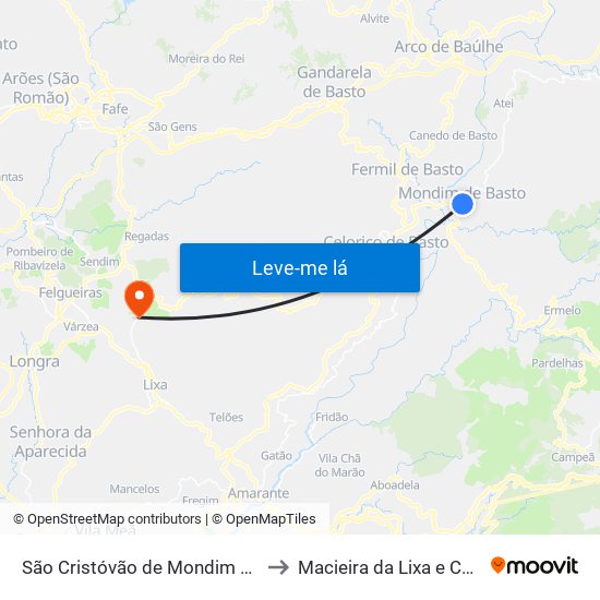 São Cristóvão de Mondim de Basto to Macieira da Lixa e Caramos map