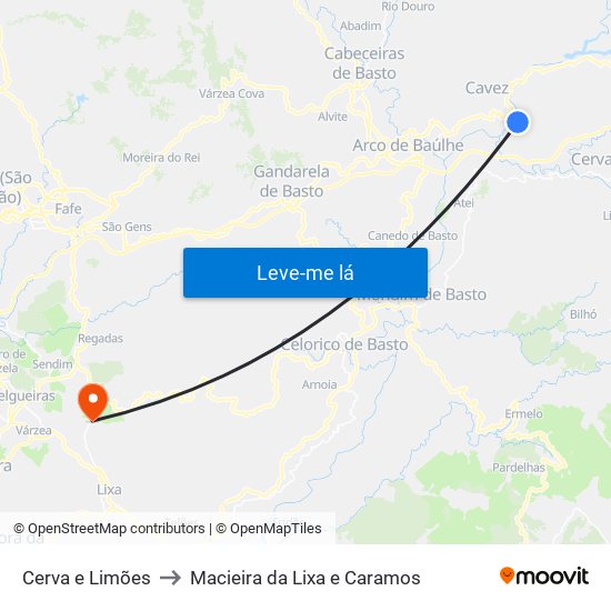 Cerva e Limões to Macieira da Lixa e Caramos map