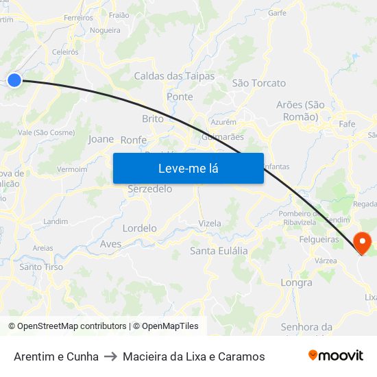 Arentim e Cunha to Macieira da Lixa e Caramos map