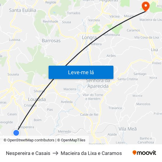 Nespereira e Casais to Macieira da Lixa e Caramos map