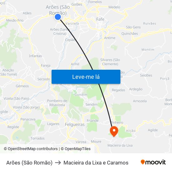 Arões (São Romão) to Macieira da Lixa e Caramos map