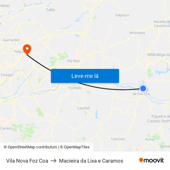Vila Nova Foz Coa to Macieira da Lixa e Caramos map