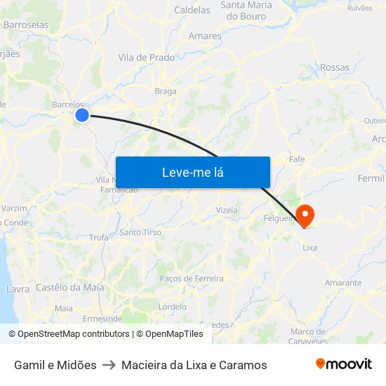 Gamil e Midões to Macieira da Lixa e Caramos map